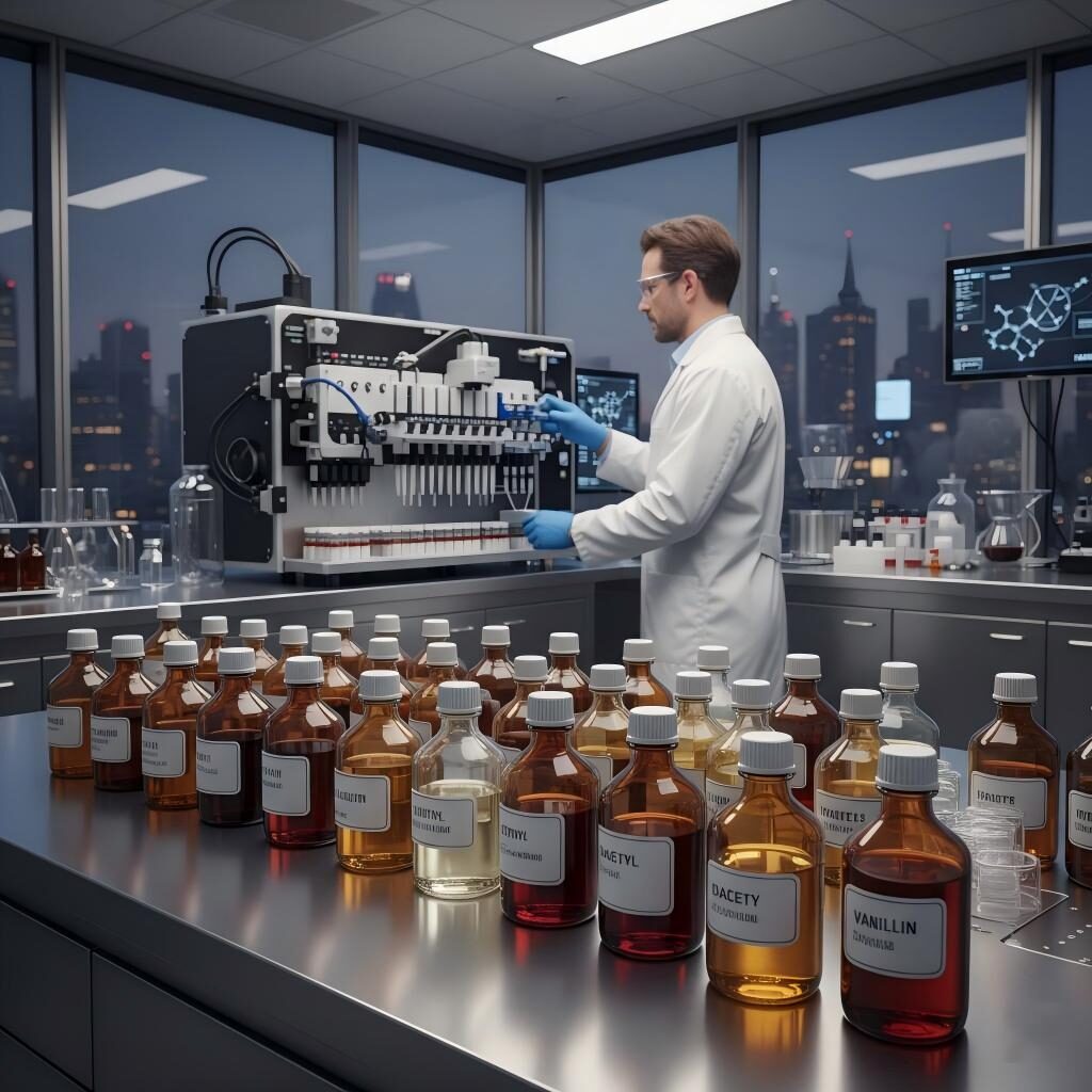 A glimpse into the future of taste. This high-definition view features automated formulation systems and professional-grade aroma extracts, highlighting precision in modern flavor science.