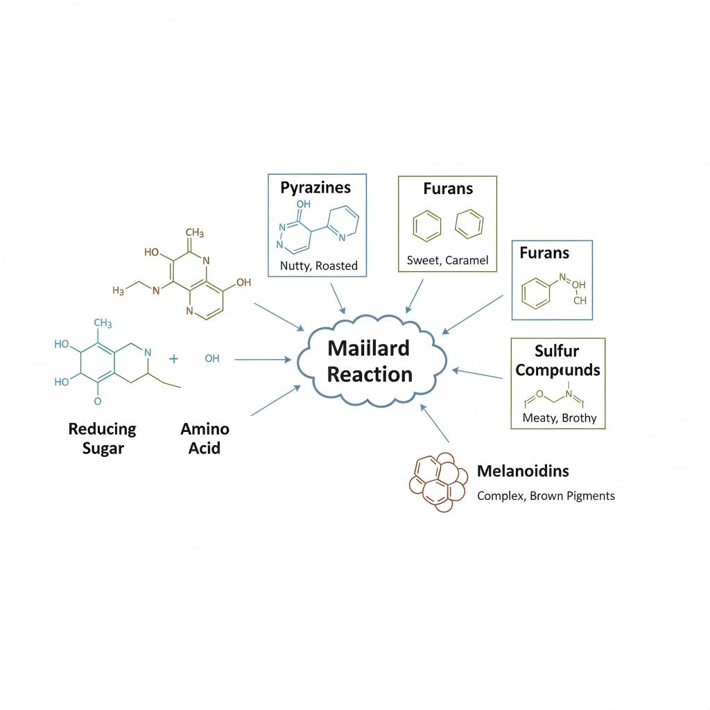 A technical educational illustration mapping the Maillard reaction pathway from reducing sugars and amino acids to the formation of pyrazines, furans, and melanoidins.