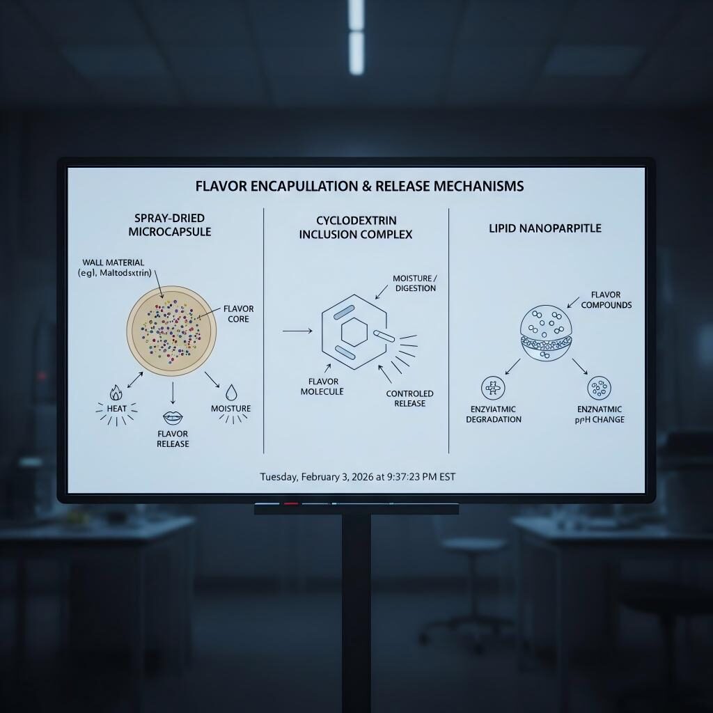 A technical schematic showing flavor encapsulation methods including microcapsules and lipid nanoparticles, highlighting release triggers like heat, moisture, and enzymatic changes.