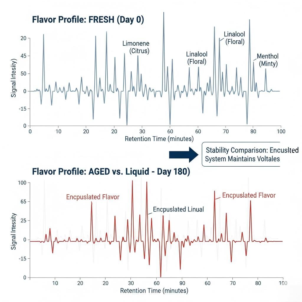 A comparative GC-MS chromatogram analysis showing how encapsulated systems maintain volatile profiles over 180 days compared to standard liquid flavors.