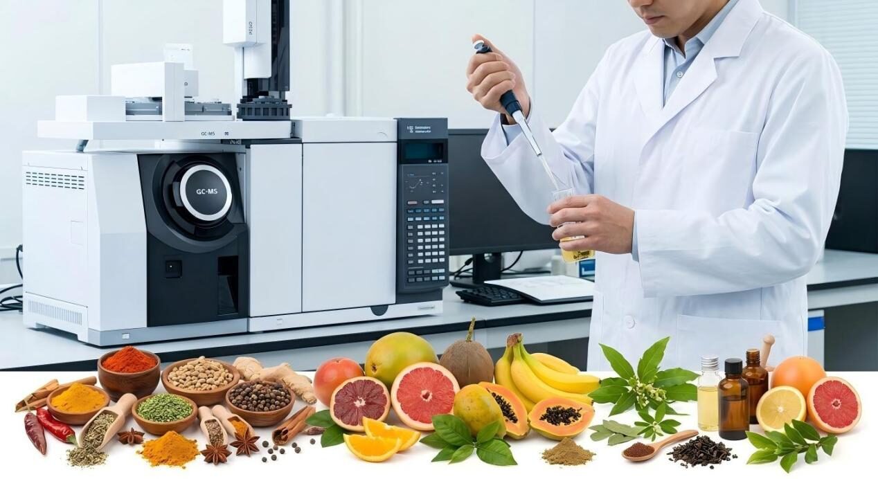 مختبر حديث للبحث والتطوير في مجال الأغذية يعرض باحثًا يستخدم تقنية GC-MS لتحليل المكونات العالمية وملامح النكهة.