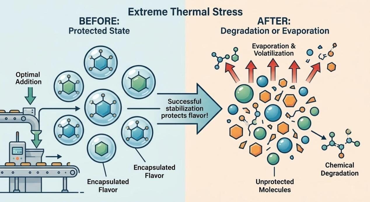 Un diagramme infographique technique illustrant comment la technologie d'encapsulation protège les molécules aromatiques stylisées de la dégradation thermique et de l'évaporation.
