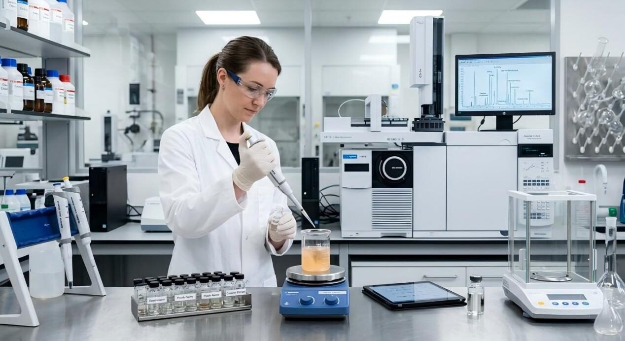 Una escena de laboratorio profesional que muestra a un saborista utilizando equipos de precisión para desarrollar un nuevo prototipo de sabor de bebida.