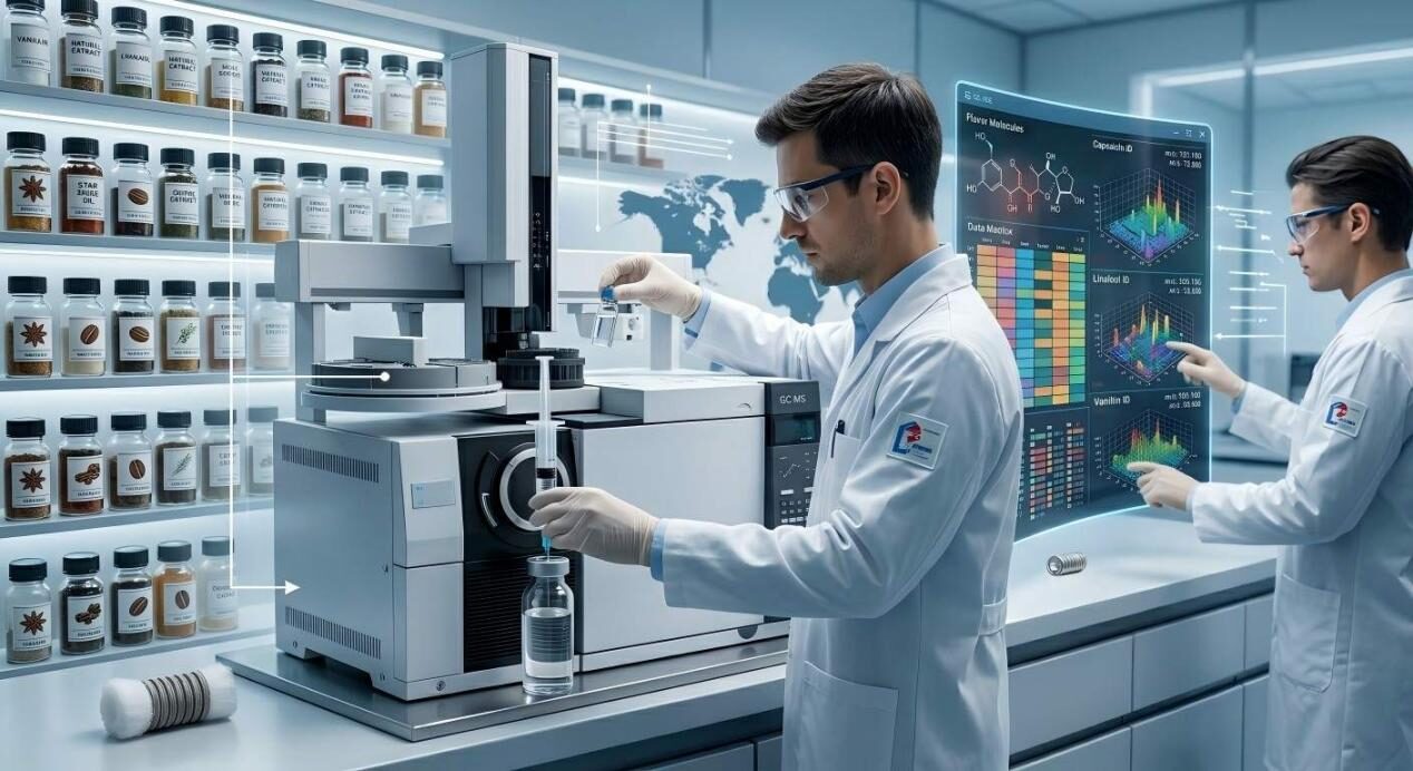 Dans une installation de R&D de haute technologie où les scientifiques utilisent la technologie GC-MS et des matrices de données 3D pour affiner des formulations botaniques et aromatiques complexes.