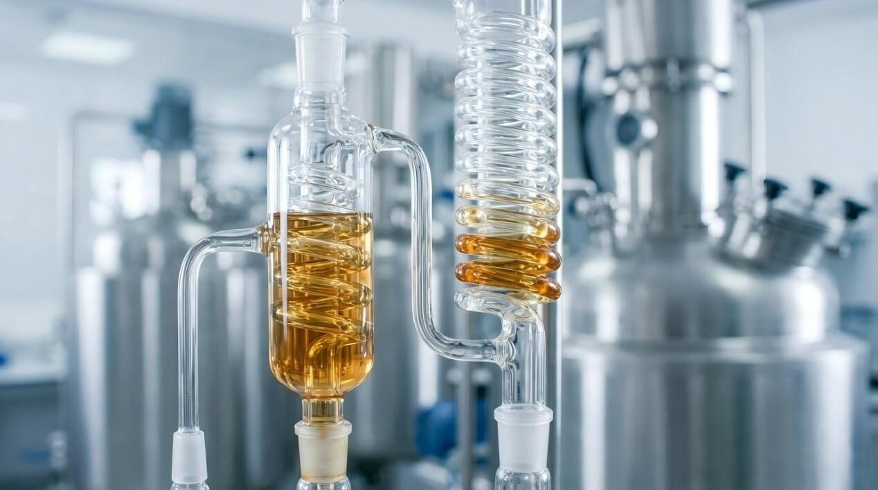 Une photo macro haute résolution d'un appareil de distillation en verre sophistiqué, illustrant la précision et la pureté du processus d'extraction des arômes naturels.