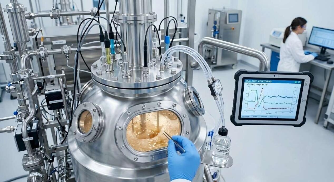 中试规模设施中的先进不锈钢生物反应器可实时监测营养液和 pH 水平。