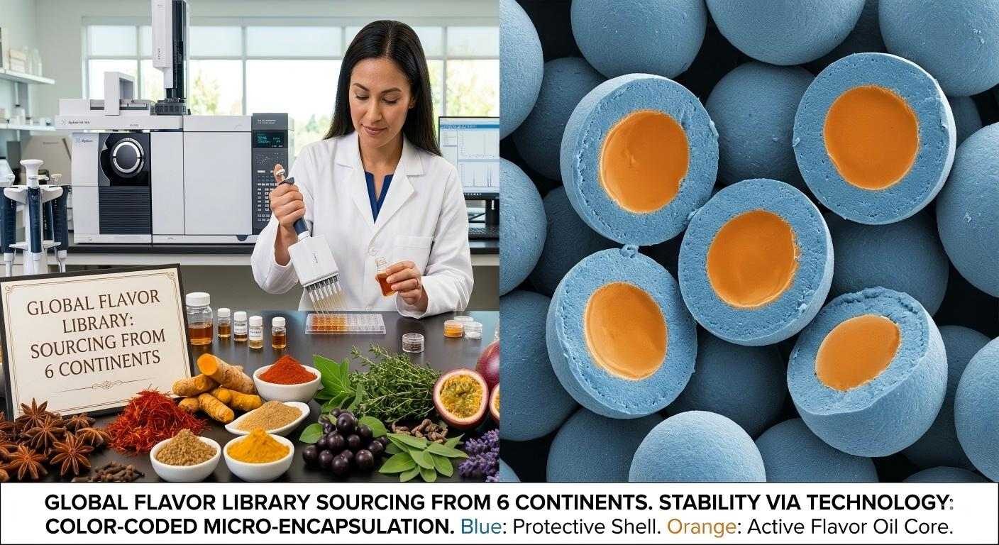 Micrografía SEM estilizada que muestra perlas de sabor microencapsuladas codificadas por colores diseñadas para una estabilidad superior en almacenamiento en diversos climas.
