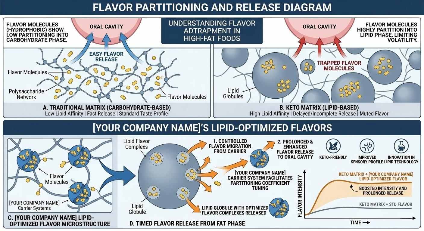 技术信息图比较了碳水化合物与酮基质中的风味分子释放，突出了脂质优化的载体技术。