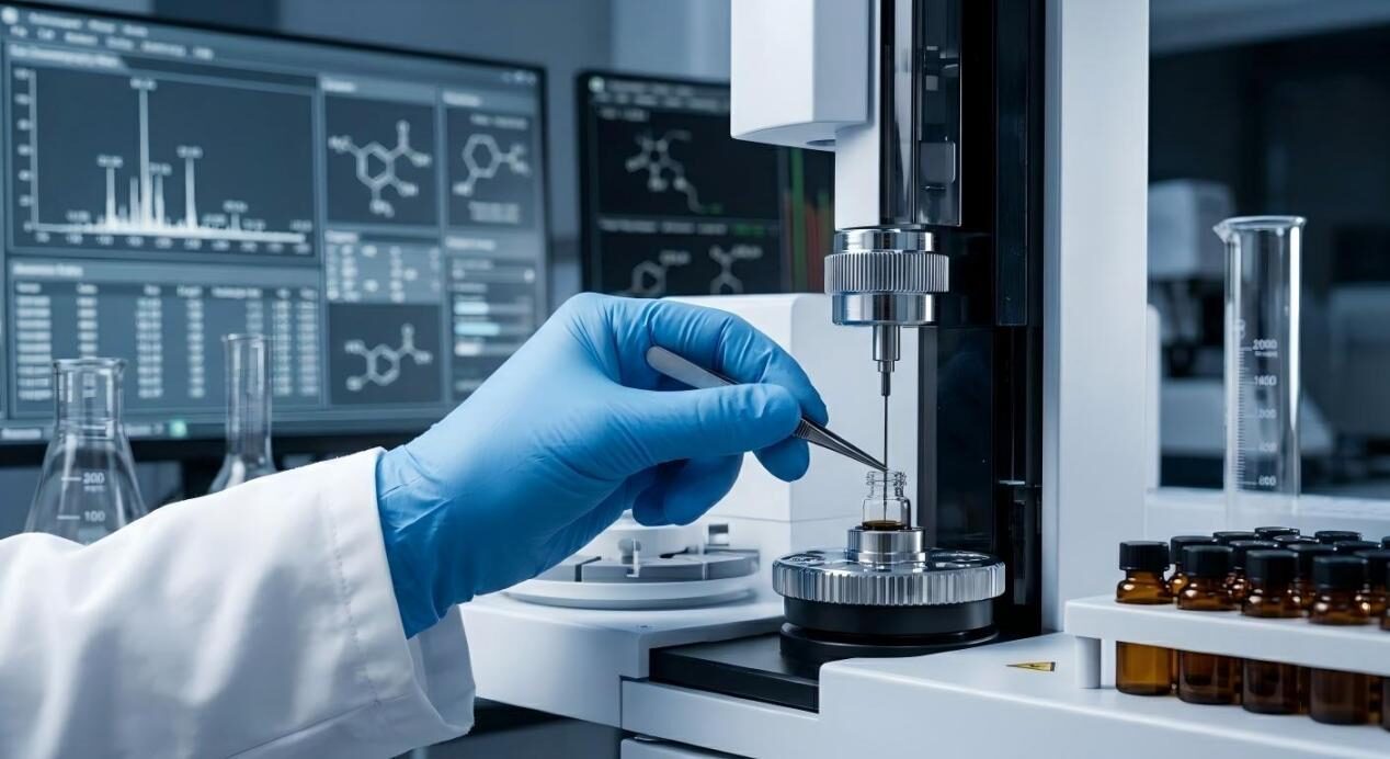 Une photographie macro-focale montrant la rigueur scientifique d'un aromatiste ajustant un équipement analytique haut de gamme pour garantir la précision au niveau moléculaire.