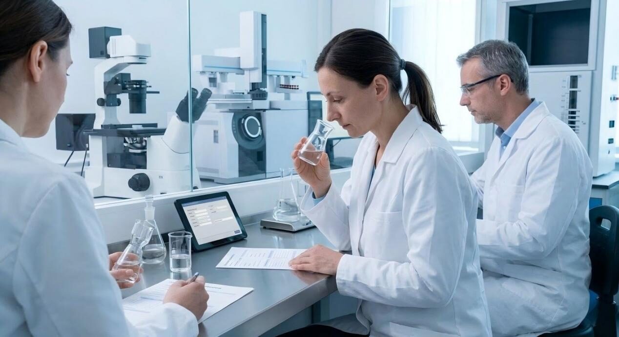 Un entorno de laboratorio profesional que muestra a un químico realizando un riguroso control de calidad mediante equipos sofisticados y pruebas sensoriales.