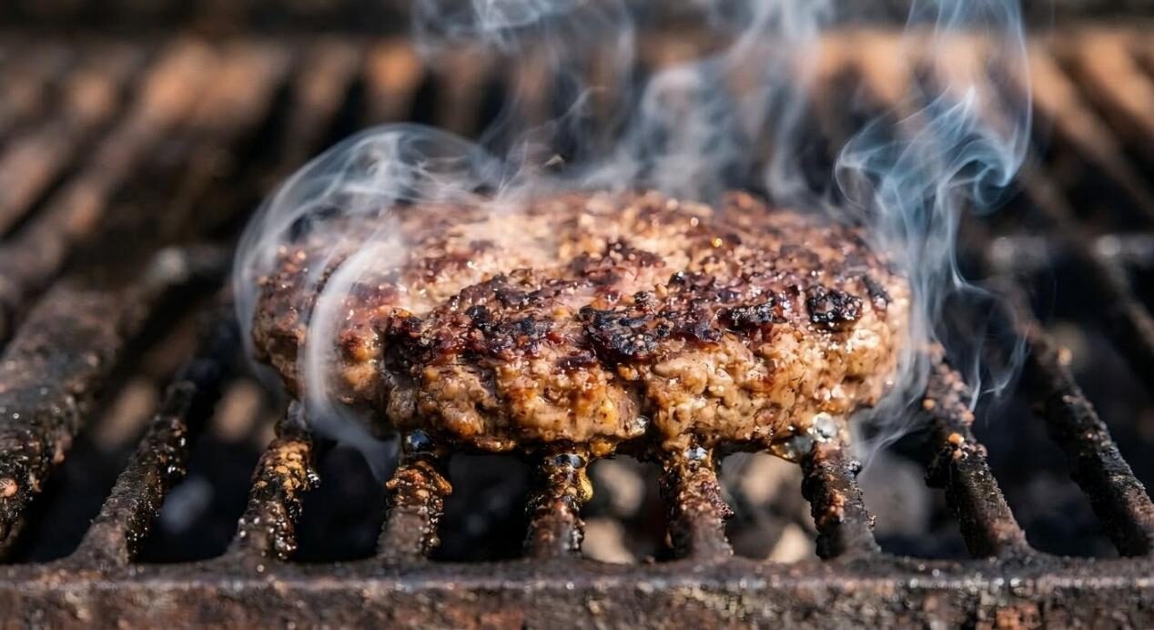 Un gros plan d’une galette de viande à base de plantes grésillant sur un gril chaud, capturant la fumée et la texture du processus de cuisson.
