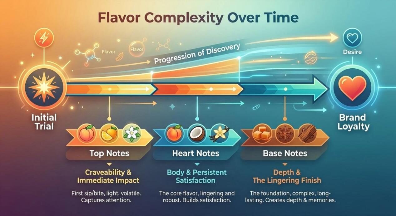 Una infografía horizontal dinámica que ilustra cómo los perfiles de sabor complejos impulsan el descubrimiento y el deseo de marca a largo plazo.