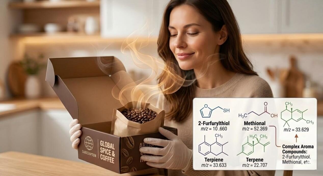 L'expérience sensorielle d'un consommateur ouvrant une boîte de café haut de gamme, mise en valeur par des superpositions techniques de composés aromatiques complexes comme le 2-furfurylthiol.