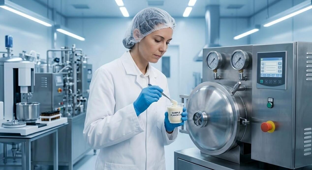 Une image photoréaliste d'un chercheur en applications validant la stabilité de la saveur dans le yaourt à l'aide d'un équipement industriel à l'échelle pilote et de machines à autoclave.