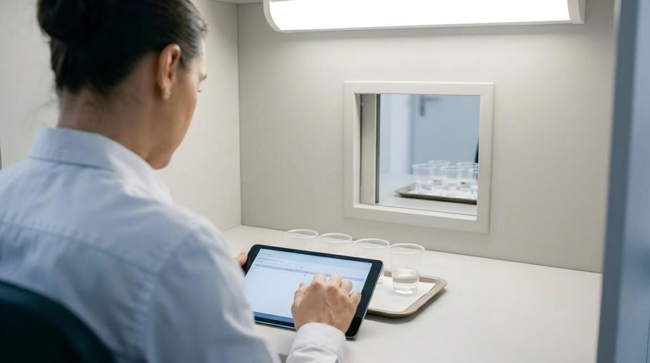 Plan intérieur d'une cabine d'analyse sensorielle professionnelle, montrant un panéliste évaluant des échantillons d'arômes dans un environnement clinique contrôlé.