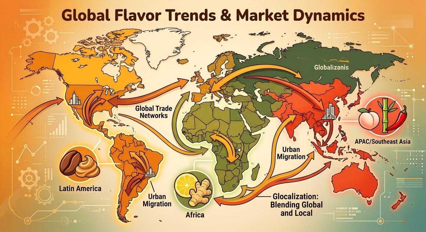 Una infografía enérgica que ilustra los flujos comerciales globales y las tendencias regionales en América Latina, África y el Sudeste Asiático.