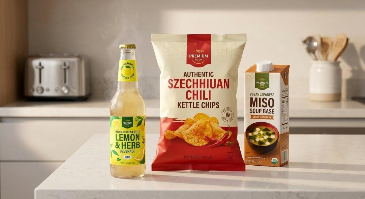 Una toma de estilo de vida en la cocina que muestra productos minoristas terminados, como papas fritas y bases de sopa, destacando la exitosa comercialización de sabores desarrollados en laboratorio.