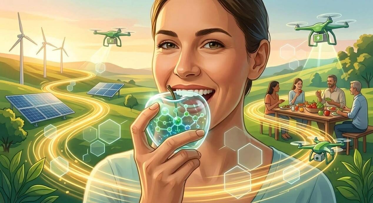 Una representación conceptual de un futuro sostenible impulsado por la tecnología que presenta energía verde, ciencia molecular avanzada y sistemas alimentarios transparentes.