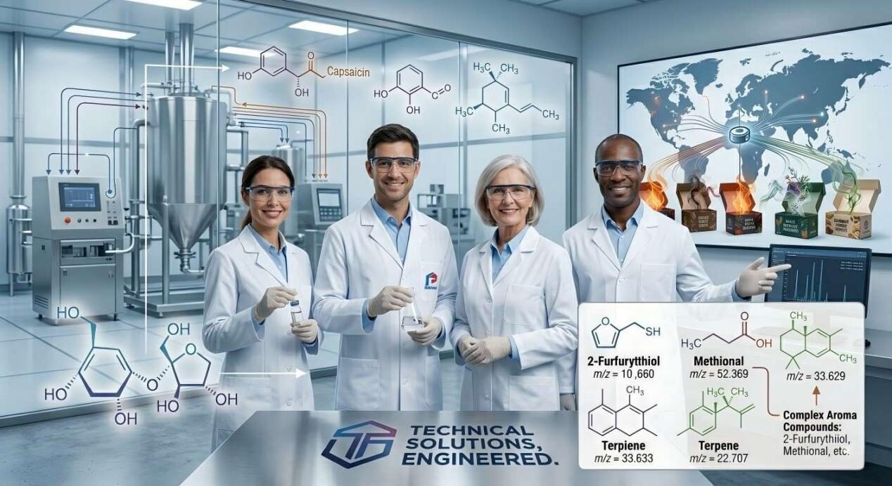 Une équipe professionnelle de chimistes des arômes dans une installation ultramoderne, présentant la transition de la R&D à l'échelle du laboratoire à la production industrielle mondiale.