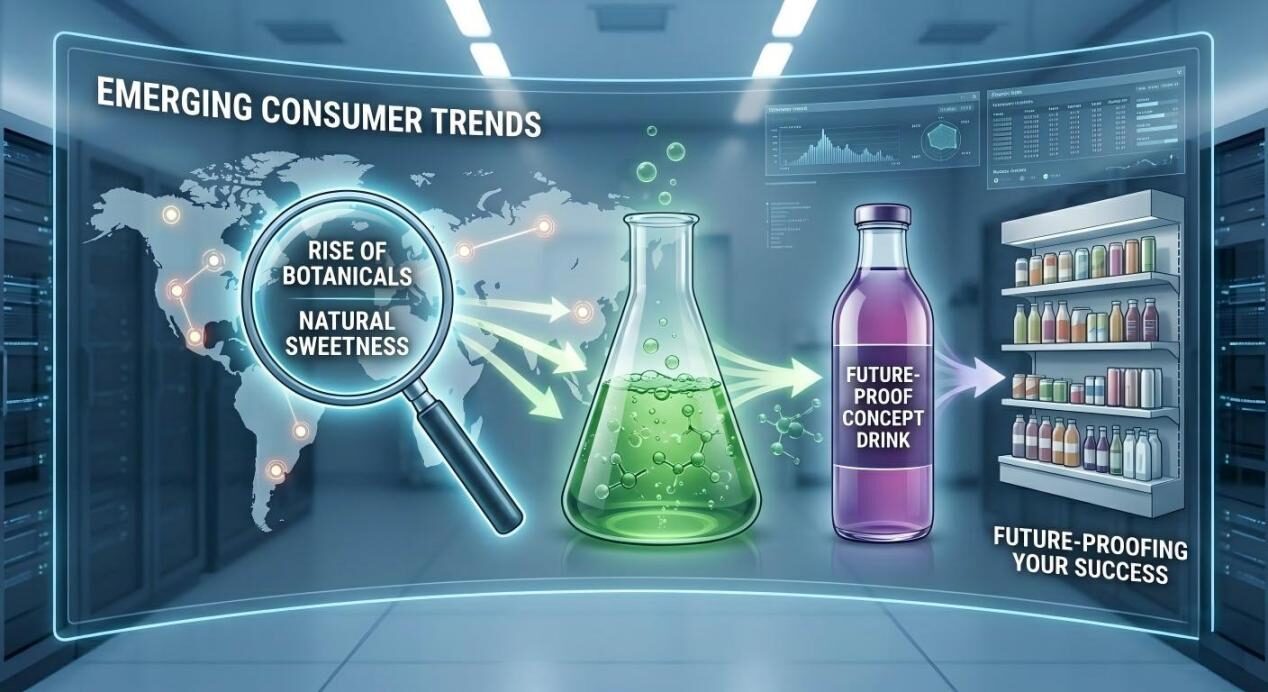 Une infographie stylisée montrant comment les données et tendances mondiales des consommateurs sont transformées en concepts de saveurs prêts à être commercialisés et en produits évolutifs.