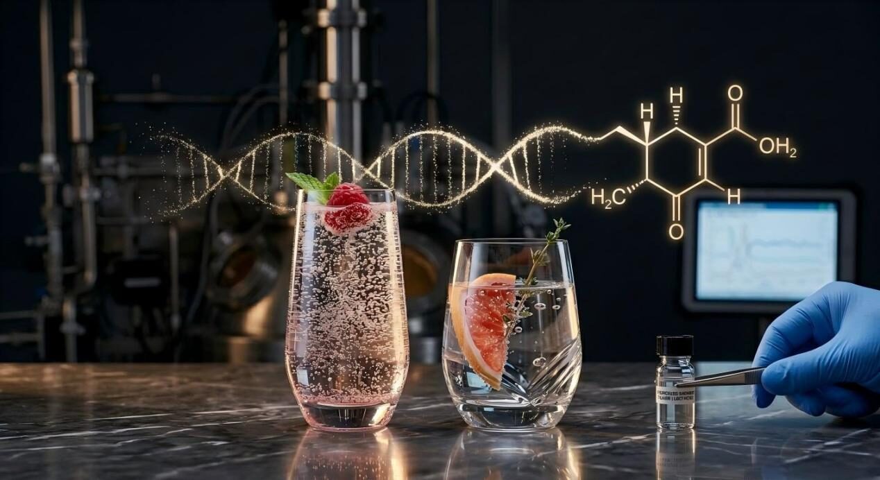 优雅的精酿饮料搭配风格化的 DNA 螺旋和分子式，象征着感官生物技术体验的未来。
