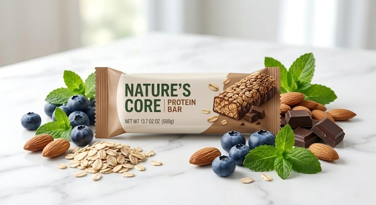 Une photographie de produit raffinée d'une barre protéinée « Nature's Core » sur une surface en marbre, astucieusement disposée avec des ingrédients frais comme des myrtilles, des amandes et de l'avoine.