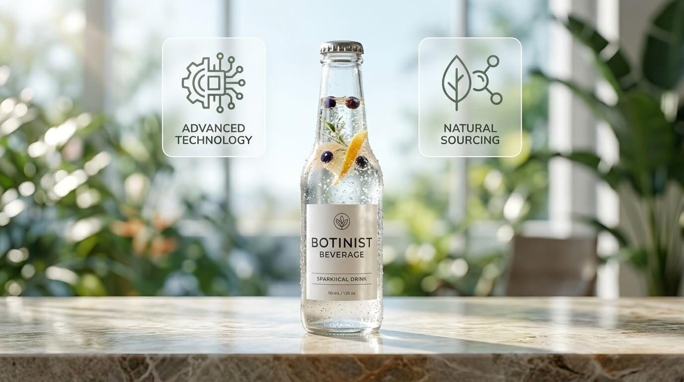 Une photographie dynamique d'une boisson pétillante, montrant comment la R&D technique avancée et l'approvisionnement naturel créent une expérience de consommation haut de gamme.