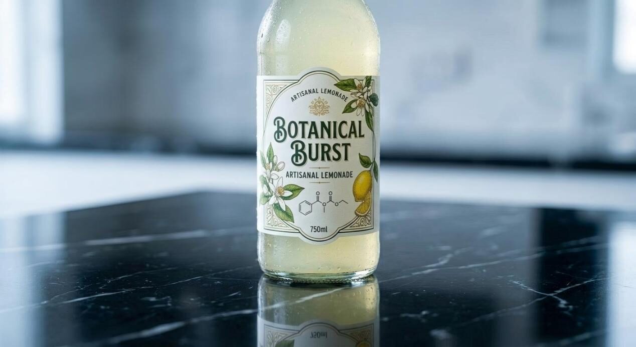 Последнее путешествие: красиво освещенная фотография кустарного лимонада «Botanical Burst», лежащая на полированной поверхности, символизирует успешное развитие вкуса.
