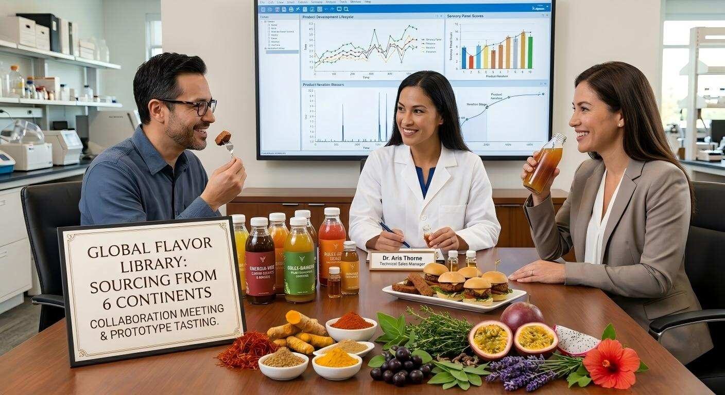Una colaboración profesional entre un saborista técnico y clientes fabricantes durante una sesión de degustación de prototipos y evaluación sensorial.