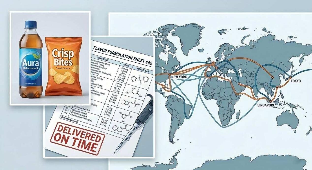 Составное изображение, связывающее таблицы рецептур технических вкусов и глобальные маршруты доставки с успешными потребительскими продуктами питания и напитками.