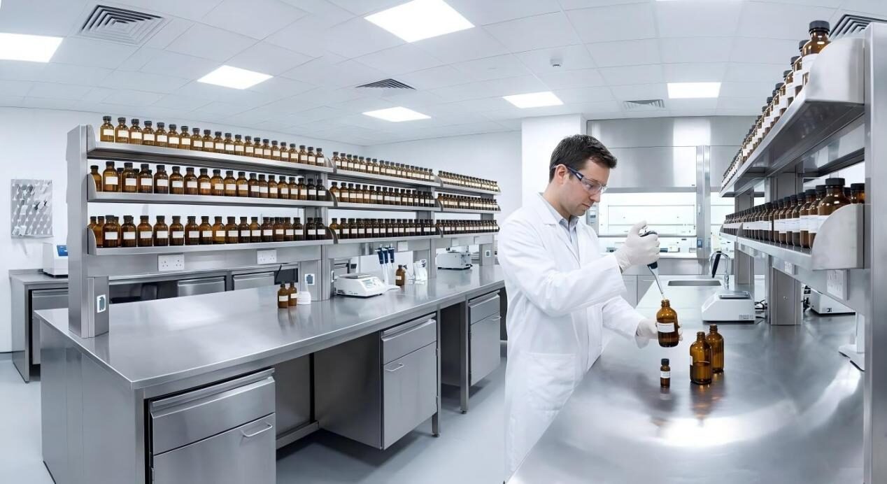 A wide-angle view of a state-of-the-art flavor lab featuring stainless steel surfaces and amber essence bottles, highlighting scientific authority.