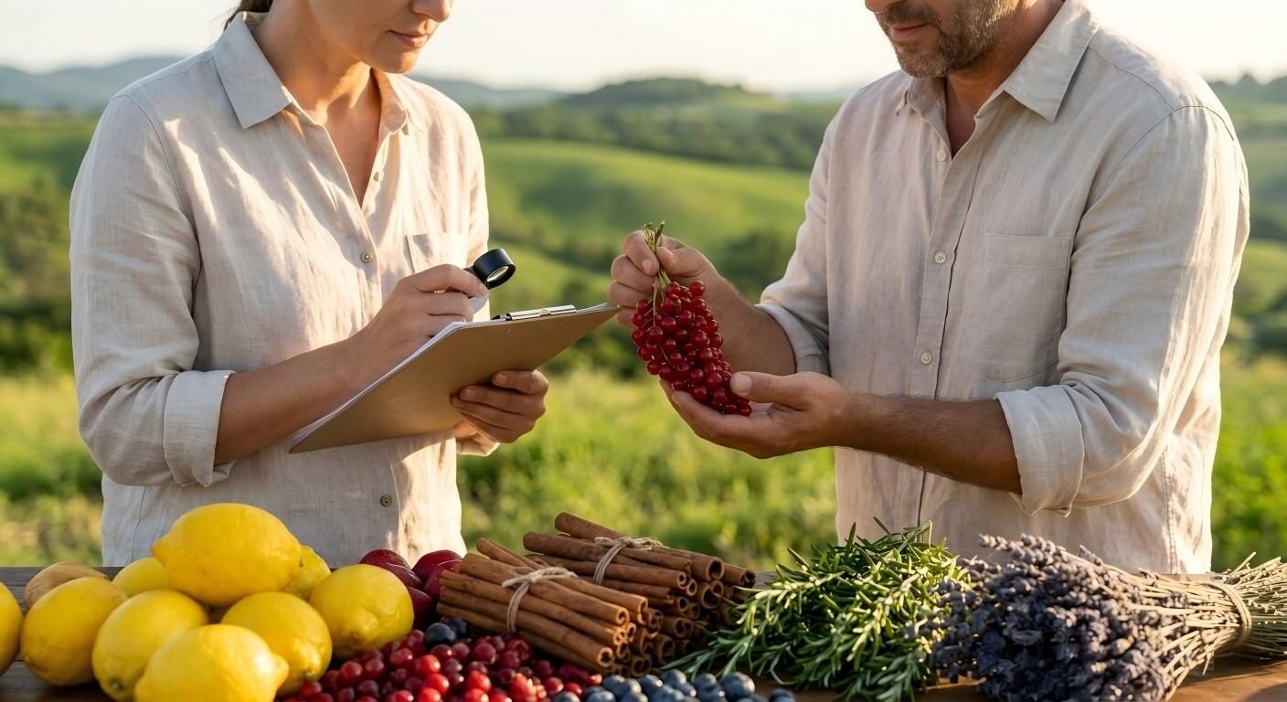 A high-quality photo showing the careful inspection and ethical harvesting of fresh fruits, herbs, and spices for premium flavor production.