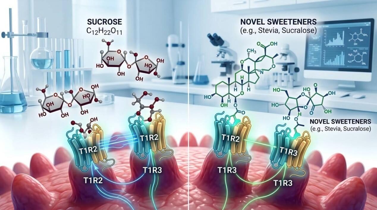 A stylized conceptual visual showing how sucrose and novel sweetener molecules interact with T1R2 and T1R3 tongue receptors in a lab setting.