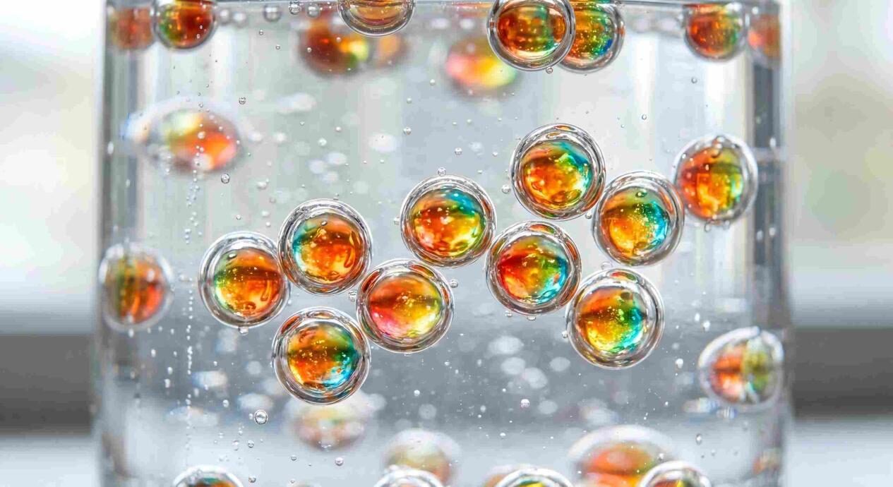 A high-resolution conceptual photo of spherical microcapsules with radiant multicolored liquid cores floating in a clear beverage.