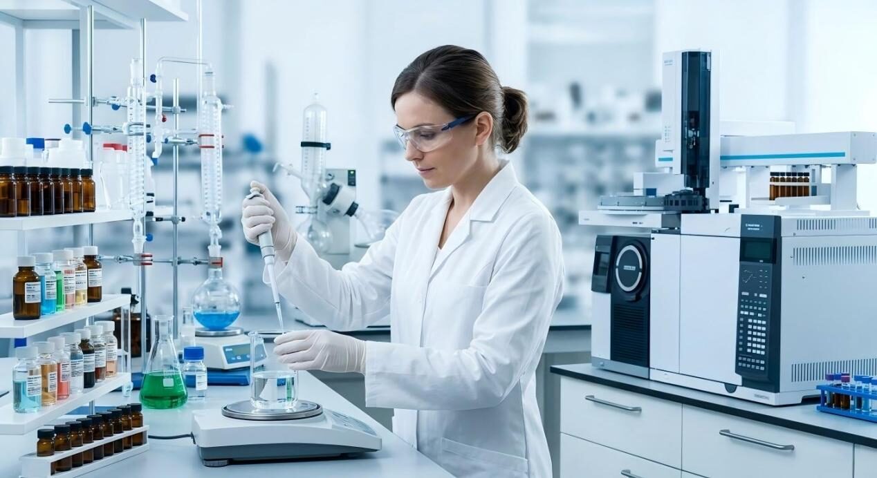 A professional photograph of a female flavor chemist conducting analysis in a modern laboratory, holding a pipette with advanced analytical instruments like a GC-MS in the background.