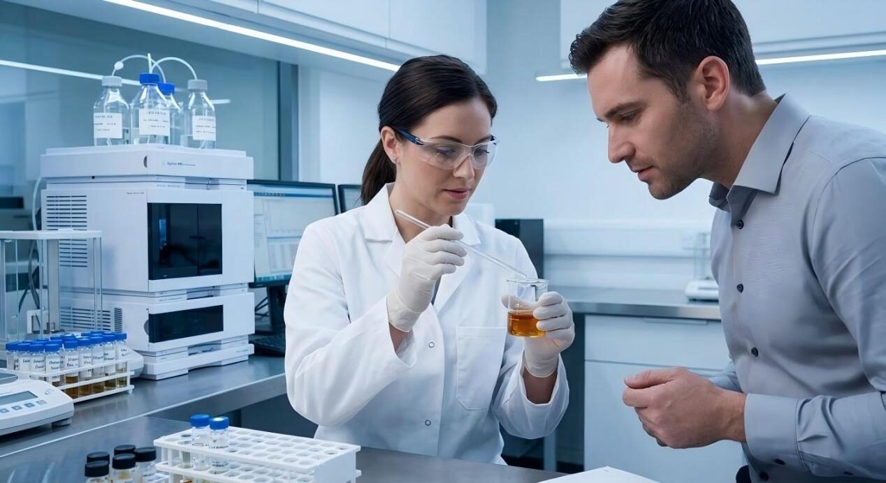 A collaborative R&D session: a flavor chemist and product developer analyze liquid formulations in a modern lab with advanced HPLC equipment.