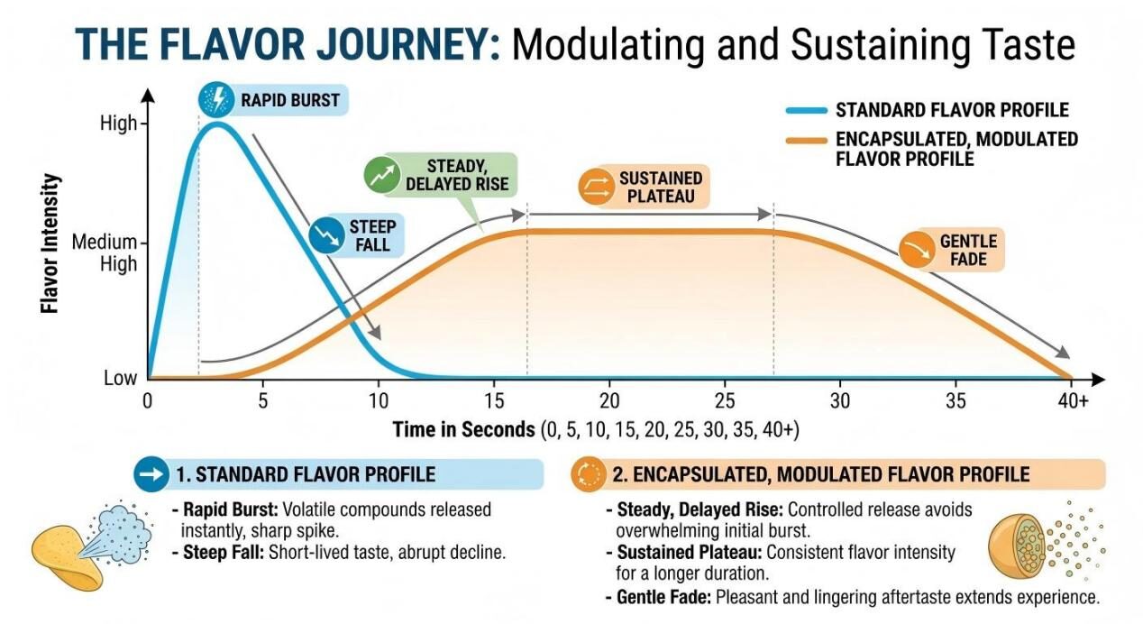 Technical infographic comparing standard flavor release versus sustained, encapsulated flavor profiles over time.