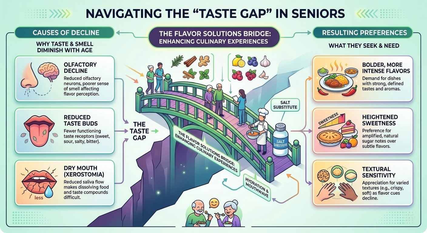 An informative infographic illustrating the "taste gap" in seniors, covering causes like olfactory decline and solutions for bolder flavor preferences.