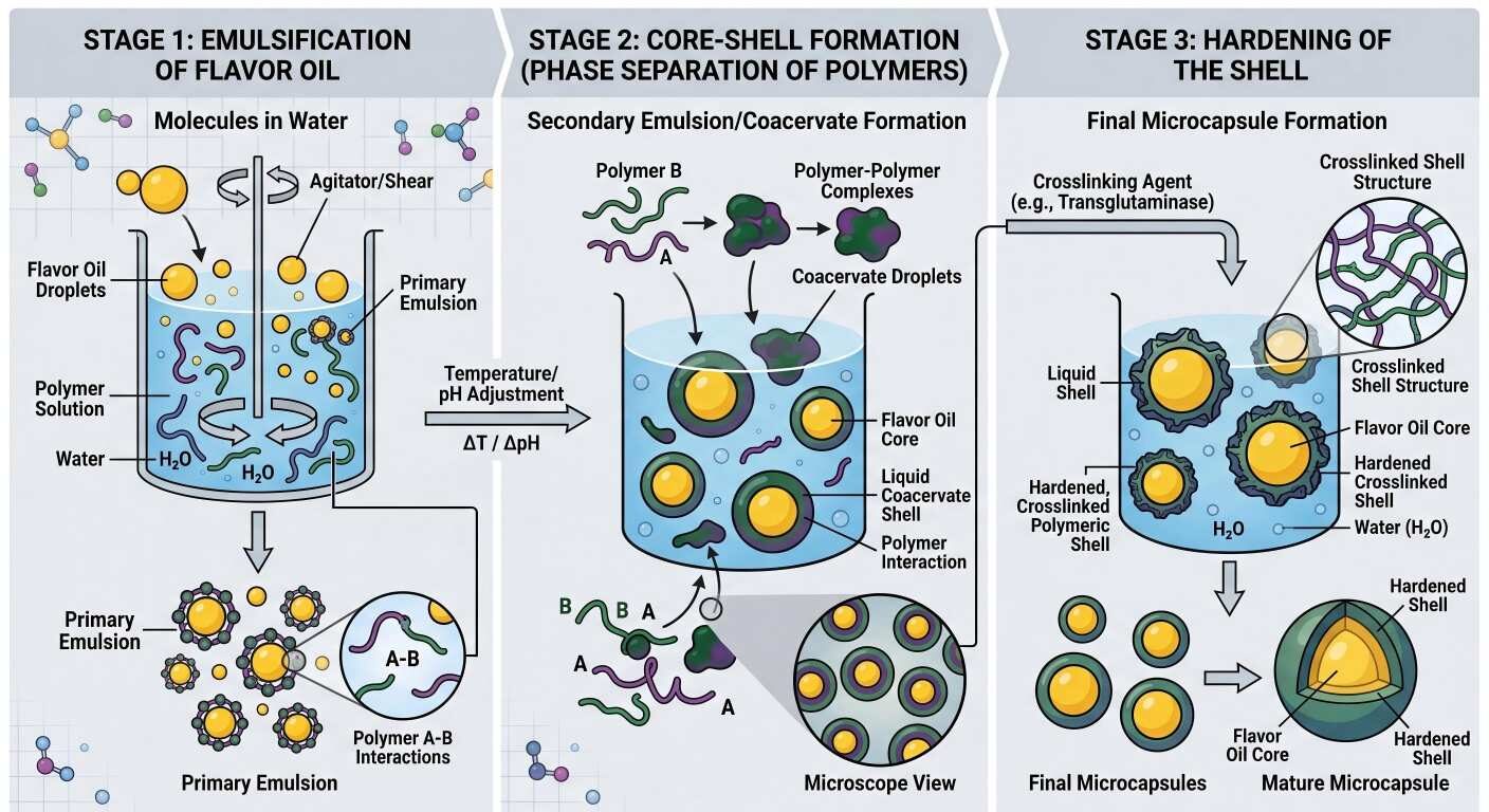 A detailed schematic illustrating the three stages of complex coacervation: emulsification, core-shell formation, and shell hardening.