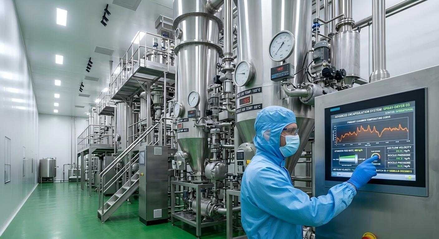 A high-precision shot inside a modern flavor manufacturing facility featuring stainless steel spray-dryers and advanced digital control panels.