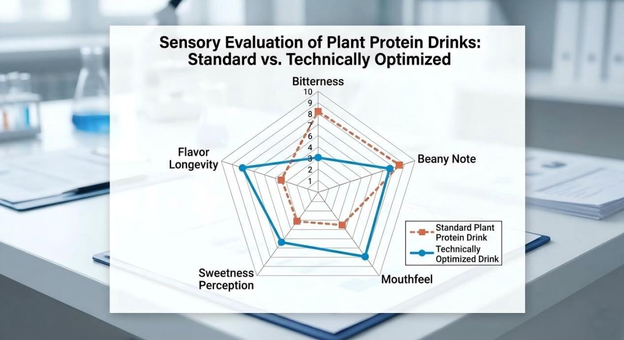 Professional sensory spider chart showing the reduction of beany notes and bitterness through technical flavor optimization in plant-based drinks.