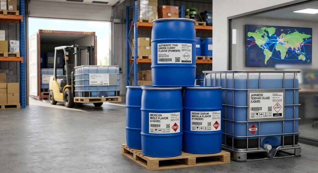 A warehouse setting featuring blue industrial drums and IBC totes labeled for global shipping, emphasizing supply chain readiness.