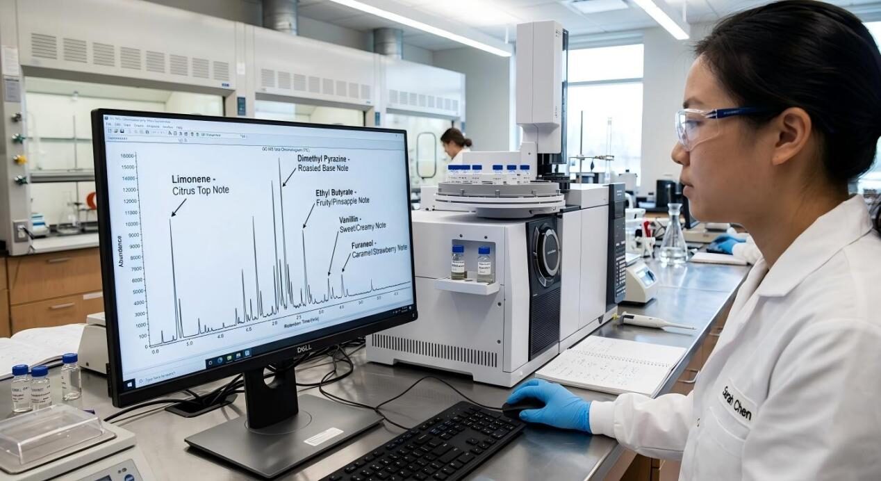 Detailed laboratory view of GC-MS analysis identifying specific molecular compounds like Limonene and Pyrazine for snack seasoning.