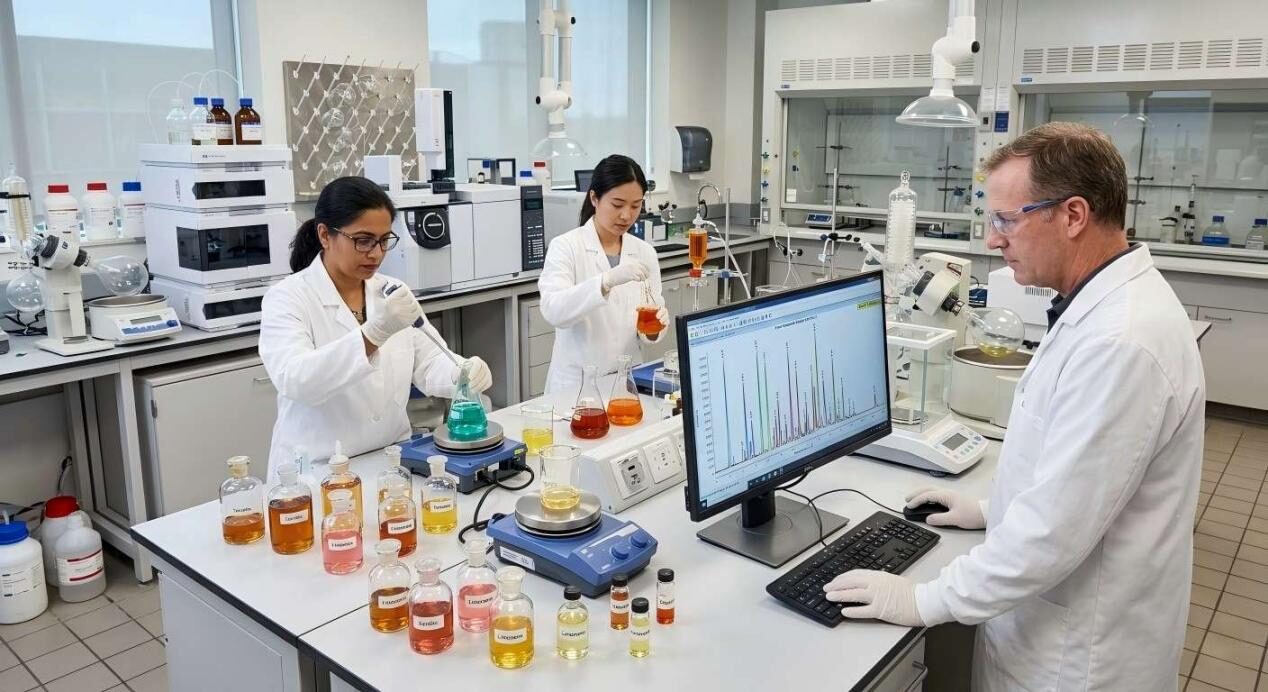Professional flavor scientists in a high-tech laboratory analyzing food compounds to develop enhanced taste profiles for specialized diets.