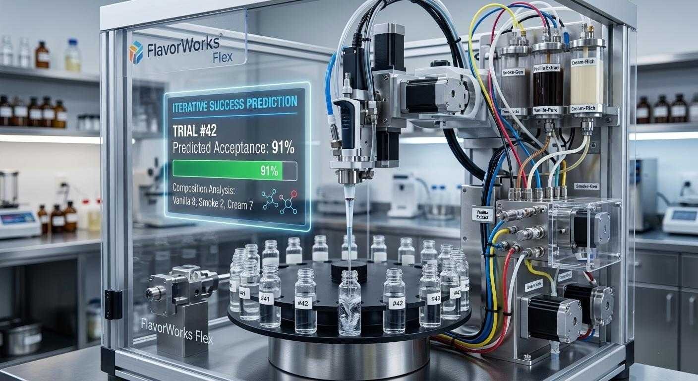 A high-precision robotic compounder dispenses clear liquids into vials with a digital overlay showing a 91% predicted acceptance rate.