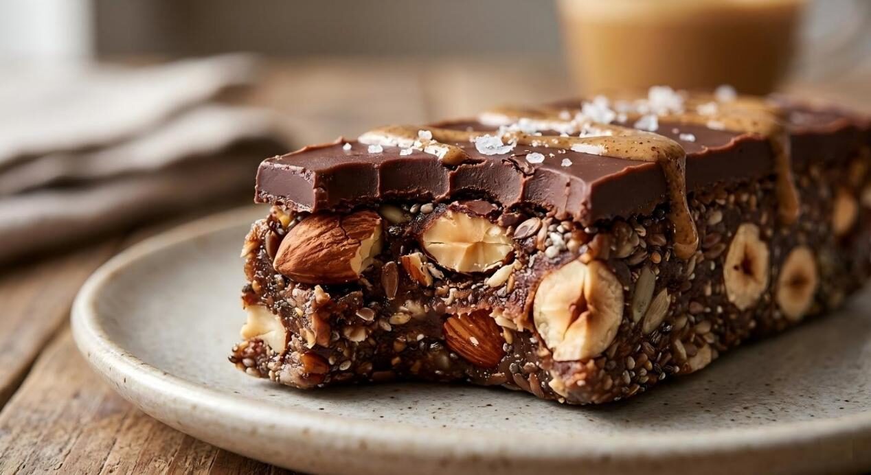 A stunning macro shot emphasizing the perfect balance of texture and taste in health-focused products like protein bars and creamy lattes.