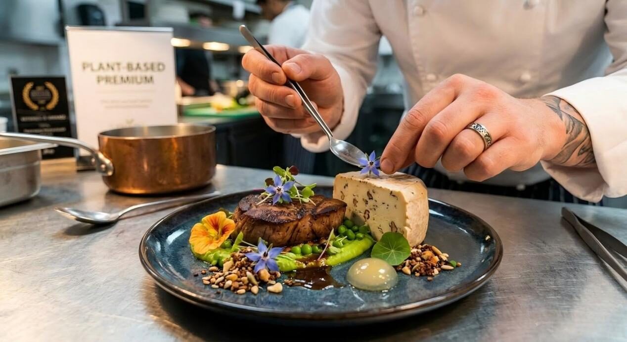 A professional chef elegantly plates a high-end plant-based steak and aged cheese, showcasing quality and culinary craft.