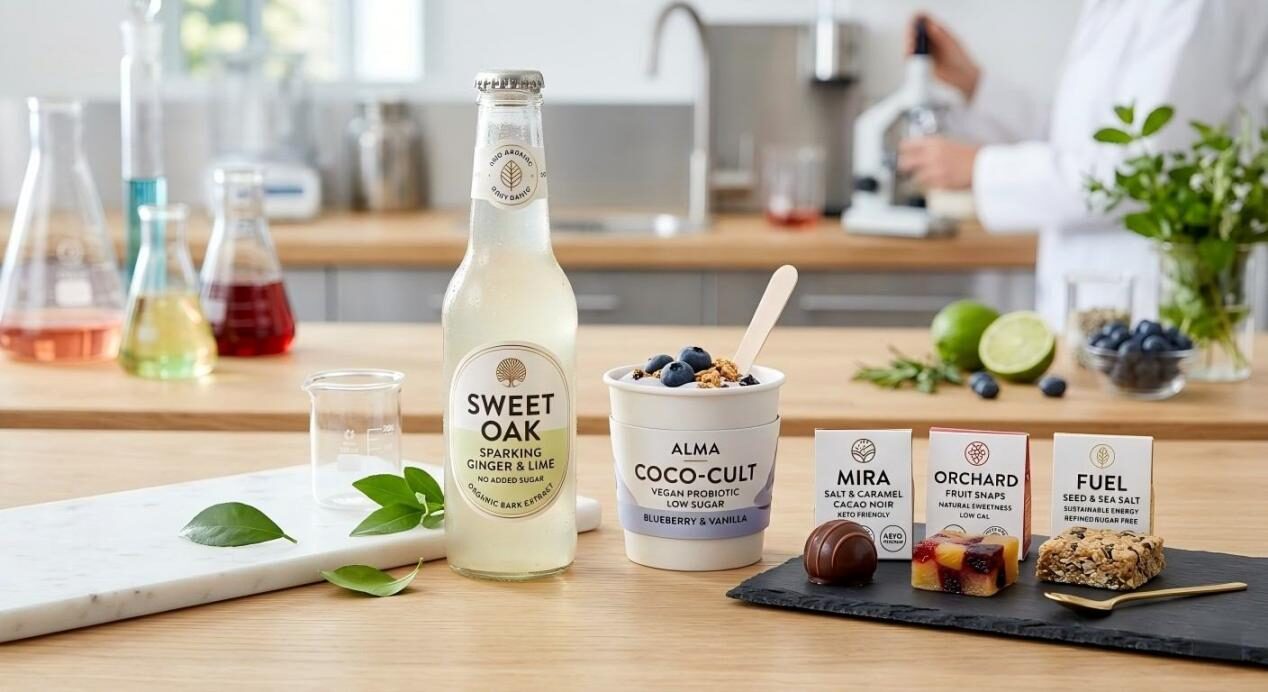 A collection of high-end, low-sugar consumer products including craft soda and plant-based yogurt, highlighting modern food science.