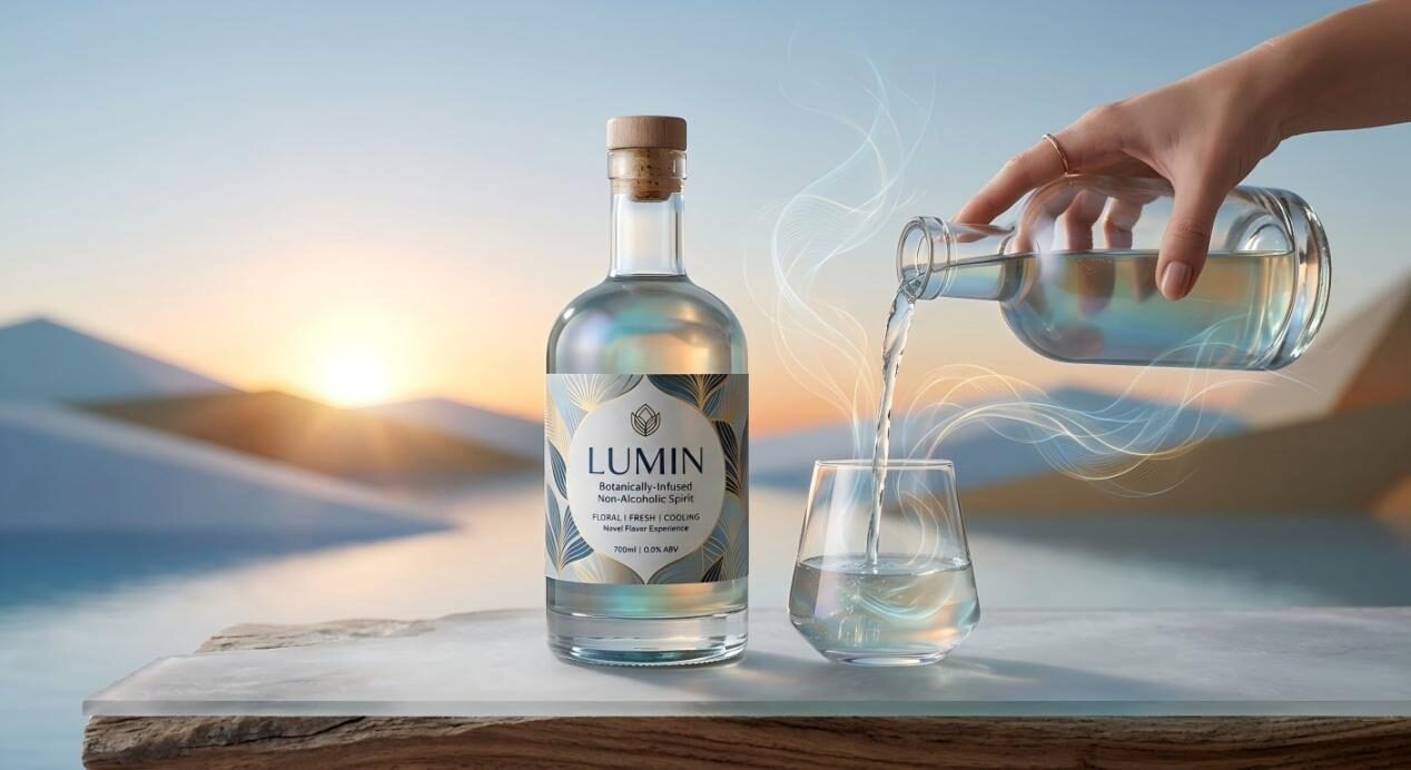 Discover a high-concept non-alcoholic spirit with a functional, botanical infusion, designed to evoke a brilliant, cool sunrise and a unique flavor experience.