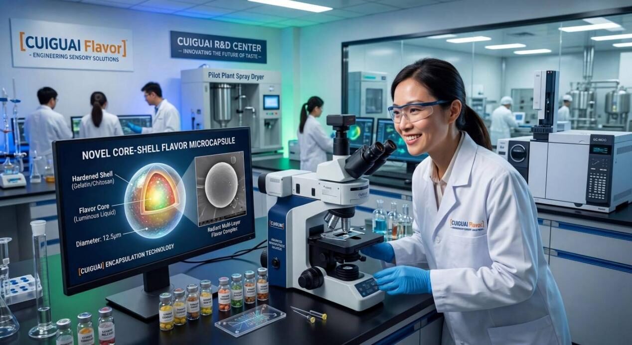 A professional laboratory scene featuring a scientist analyzing a novel core-shell flavor microcapsule structure under a high-tech microscope.